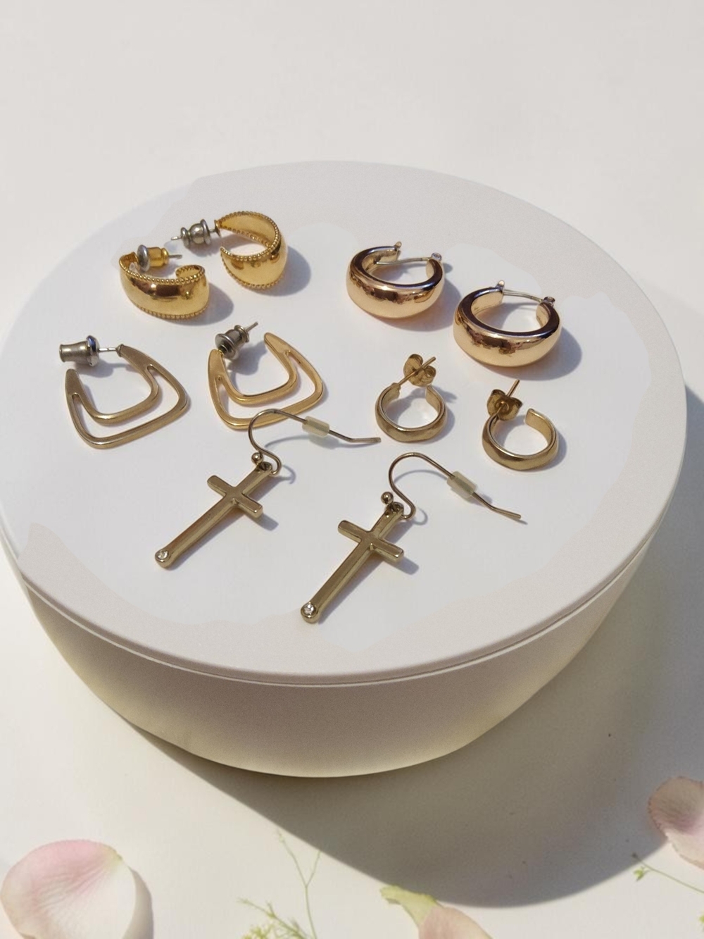 10 / $10 Gold Tone Cross Dangle & Mixed Hoop Earring Set -